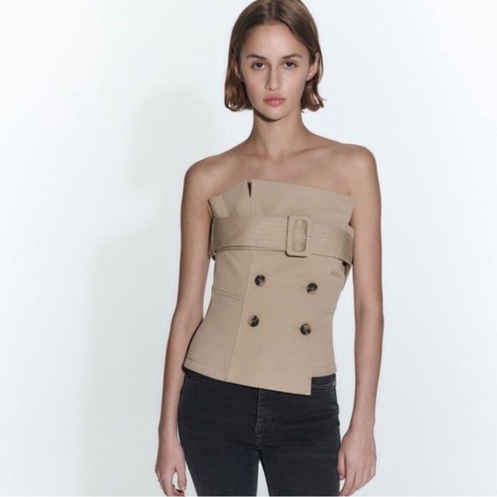 NWT Zara BELTED GABARDINE Strapless BUSTIER Trench Tan Large